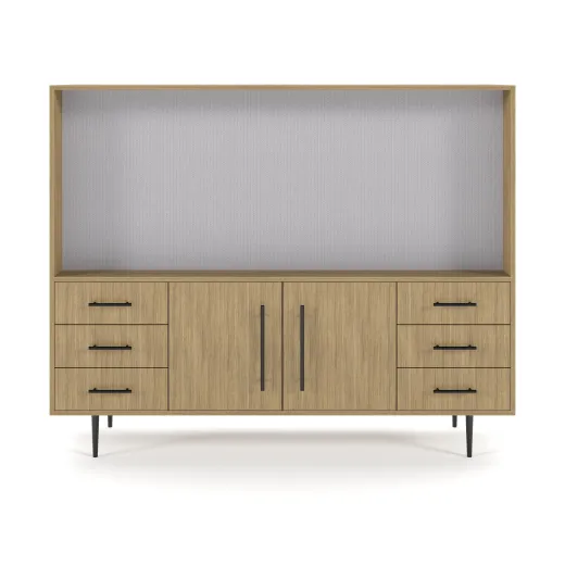 Rhett, Hutch for Media (Tackboard) paired with Credenza with Drawers and Center Doors, 29 Inch, Front View