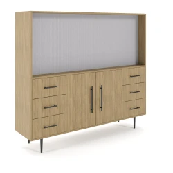 Rhett, Hutch for Media (Tackboard) paired with Credenza with Drawers and Center Doors, 36 Inch, 3/4 View
