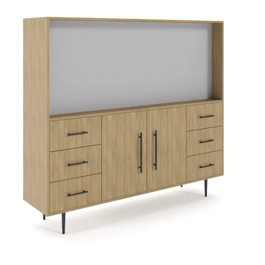 Rhett, Hutch for Media (Tackboard) paired with Credenza with Drawers and Center Doors, 36 Inch, 3/4 View