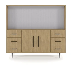Rhett, Hutch for Media (Tackboard) paired with Credenza with Drawers and Center Doors, 36 Inch, Front View