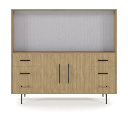 Rhett, Hutch for Media (Tackboard) paired with Credenza with Drawers and Center Doors, 36 Inch, Front View