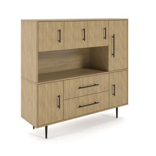 Rhett, Hutch with Doors paired with Credenza with Doors and Center Drawers, 29 Inch, 3/4 View
