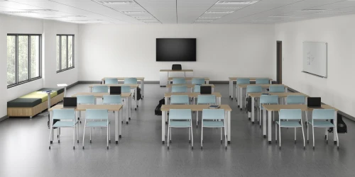 Classroom, version 4 featuring Day-to-Day tables, Pierce seating and LB backless lounge with laptop table