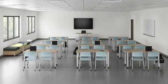 Classroom, version 4 featuring Day-to-Day tables, Pierce seating and LB backless lounge with laptop table
