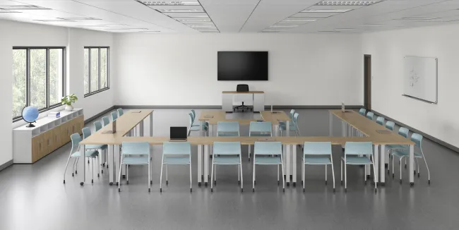 Classroom, version 2 featuring Day-to-Day tables, Pierce seating and Calibrate storage