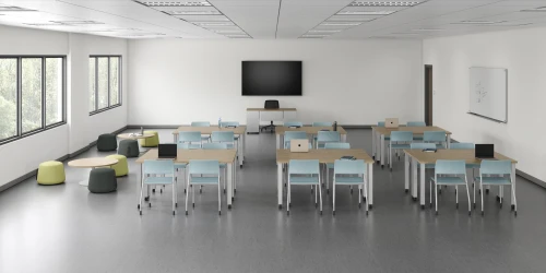 Classroom, version 3 featuring Day-to-Day tables, Pierce seating and Soft ottomans around Day-to-Day occasional tables
