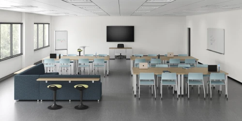 Classroom, version 4 featuring Day-to-Day tables, Pierce seating and Hakr Lounge with Ledge