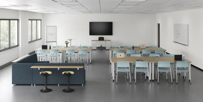 Classroom, version 4 featuring Day-to-Day tables, Pierce seating and Hakr Lounge with Ledge