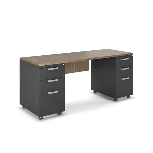 Double Ped Desk on wheels, L Series with Universal worktop and modesty