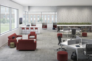 Media Center for educational facilities featuring Oxygen, Natick seating, Soft privacy lounge, NV lounge, Calibrate bookcase and Itzee Seating