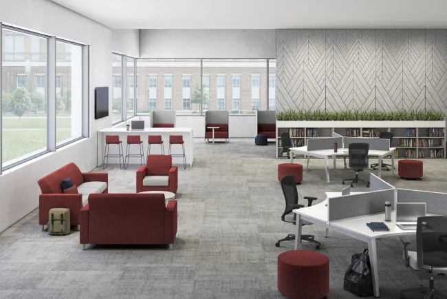 Media Center for educational facilities featuring Oxygen, Natick seating, Soft privacy lounge, NV lounge, Calibrate bookcase and Itzee Seating