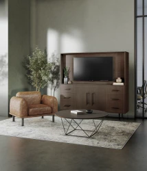 Rhett Hutch for Media paired with Credenza with Drawers & Center Doors, Prisma Large Coffee Table, Soft Lounge Club Chair