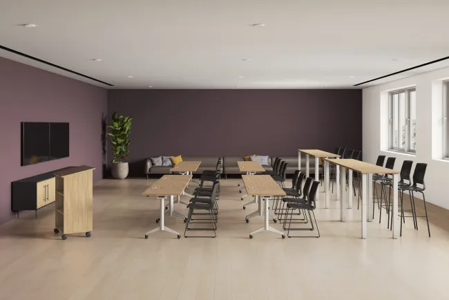 Training Room, Lecture Room, Day-to-Day Training Tables, Quarry Sled Base Chair & Quarry Bar Stools, Calibrate Lectern, Rhett, Soft​