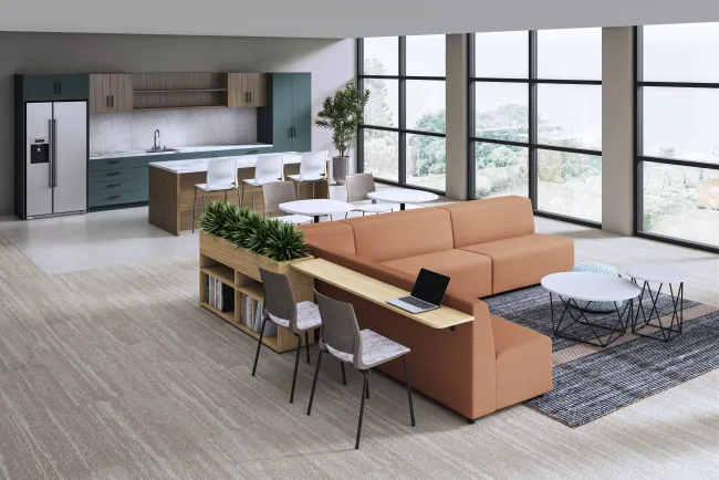 Lounge & Café, Hakr sectional sofa, Prisma Occasional Tables, Soft Ottoman, Quarry Side Chair, Calibrate Dry Planter, AIS CaseWorks, Quarry Counter Stool​