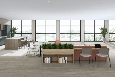 Lounge & Café, Hakr sectional sofa, Prisma Occasional Tables, Soft Ottoman, Quarry Side Chair, Calibrate Dry Planter, AIS CaseWorks, Quarry Counter Stool​