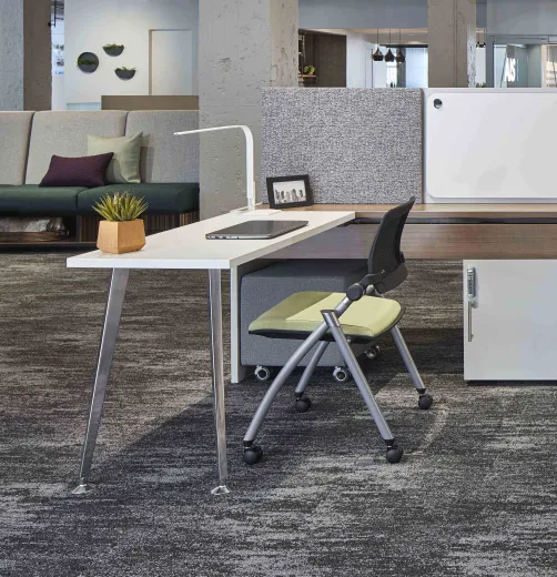 Calibrate Community with worksurface attached to benching glide system