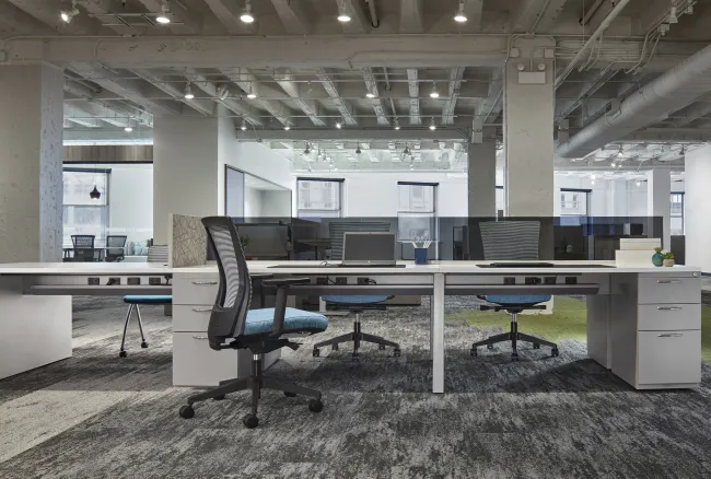 Encounter PowerBeam 29inch beam with L Series Steel Storage and Upton Seating and glass screens