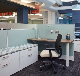 Divi Open Plan Panel System with Upmount Frosted Glass screen Calibrate Storage and Devens Task Seating