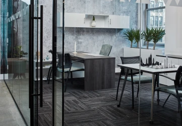 Calibrate Series Casegoods Private office with Wall Mounted Storage, Calibrate Series Table and Grafton Side Seating