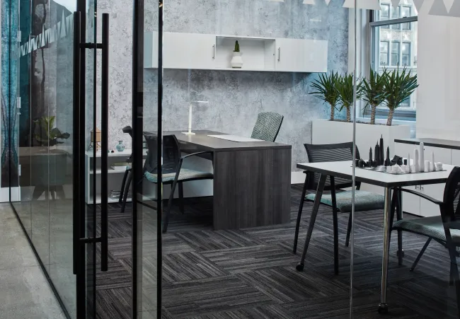 Calibrate Series Casegoods Private office with Wall Mounted Storage, Calibrate Series Table and Grafton Side Seating