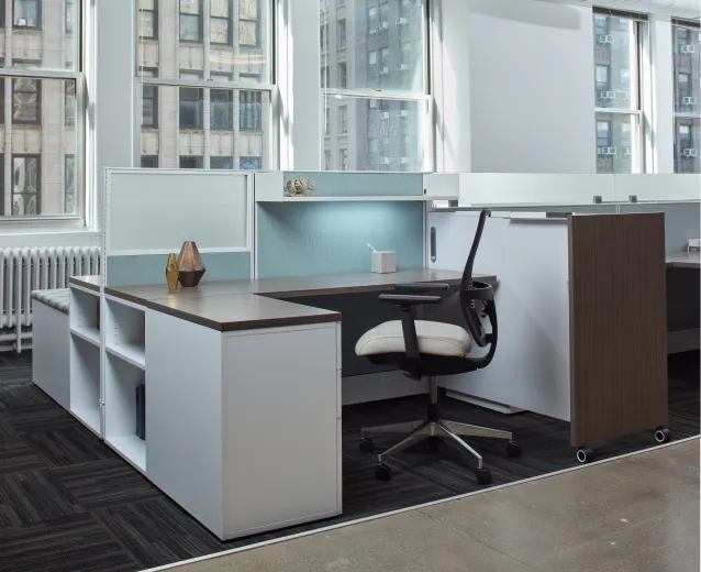 Divi Open Plan Panel System Workstation with Mobile Whiteboard Divider, Devens Task Seating