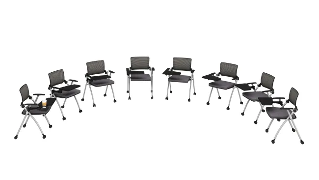 Stow Multipurpose Seating with Tablets up and Casters, optional cupholder shown on far left