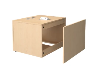 Calibrate Storage 24” X 30” Left Handed Height Adjustable Table Base in Midwest Maple with Pop-up Charger Dock and Grommet for Power/Data access, Back View