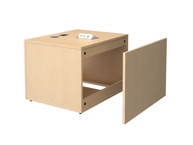 Calibrate Storage 24” X 30” Left Handed Height Adjustable Table Base in Midwest Maple with Pop-up Charger Dock and Grommet for Power/Data access, Back View