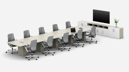 Calibrate Conference 5 Piece Table with Auburn Chairs and Calibrate Storage Buffet