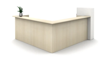 Calibrate Laminate Casegoods Reception Station, exterior view with True White storage tower