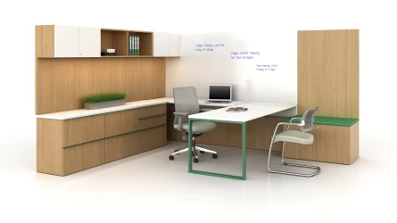 Calibrate Private Office with whiteboard wall panels and cantilevered height adjustable desk in down position