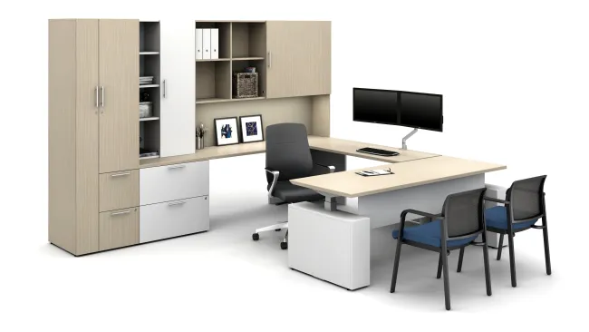 Maritime Dune on Calibrate Series Casegoods Private Office with Height Adjustable Desk, Auburn Executive Seating, Paxton Side Seating
