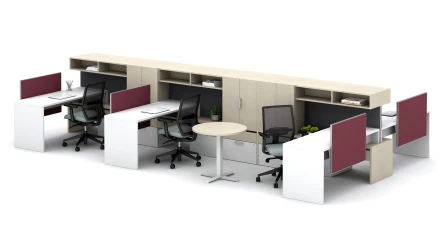 Calibrate Community with Cantilevered Overheads, Stack Desks and Day-to-Day Round Table