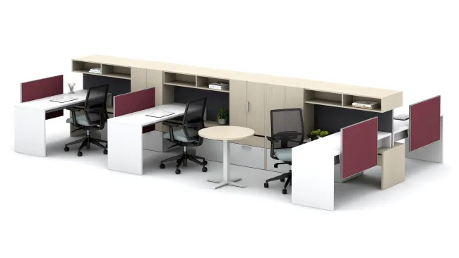 Calibrate Community with Cantilevered Overheads, Stack Desks and Day-to-Day Round Table