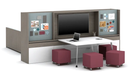 Calibrate Community Workwall with Integrated Technology and Tackboards, Sliding worktops together and Volker Seating  Floorplate Area 15a