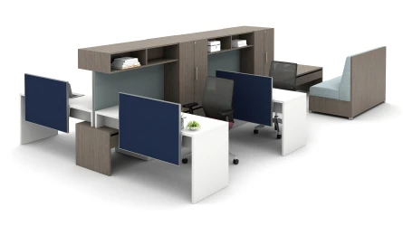 Community with Cantilevered Overheads, Stacked Desks and LB Lounge Collaborative Area