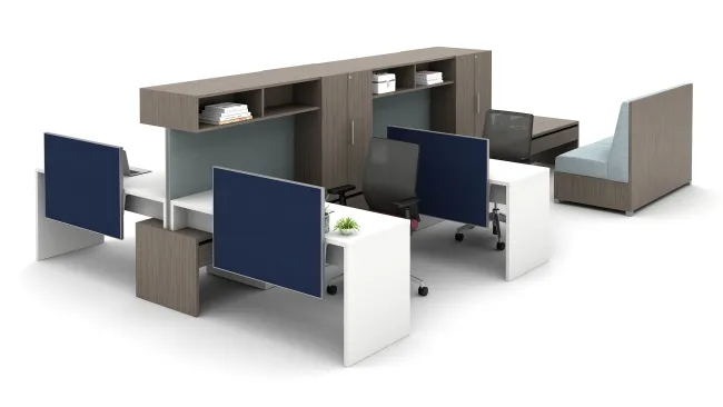 Community with Cantilevered Overheads, Stacked Desks and LB Lounge Collaborative Area