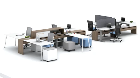 Calibrate Community 29” and 21” Spine shown with Sliding Tables, Height Adjustable Desks and Stack Desk