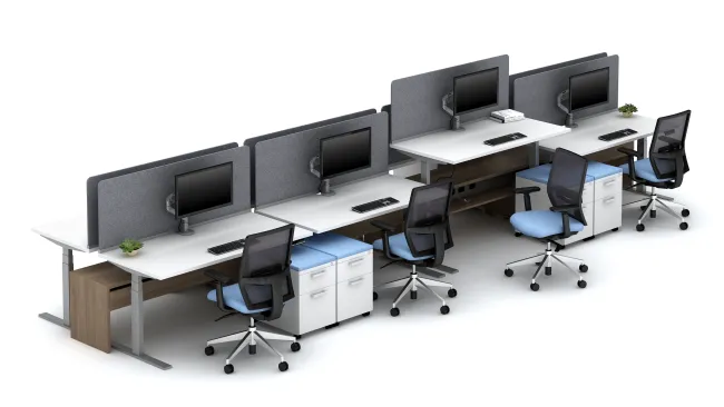 Calibrate Community 21” high Spine with Height Adjustable Tables, Channel PET Screens and Devens Seating