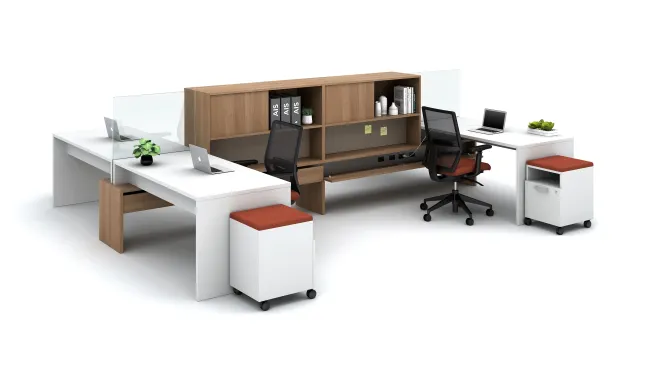 Calibrate Community with Stack desks, Glass Screens, and open bookcases with tackboard below
