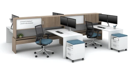 Calibrate Community 21” high spine with stack-on Upper Storage, shown with Calibrate Cubby ped