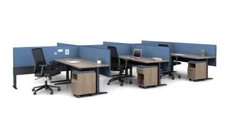 Encounter  PowerBeam with Fixed Height C-Leg Table and Partial Modesty Slimline Screens, shown with Calibrate Cubby Pedestals and Essex Task Seating