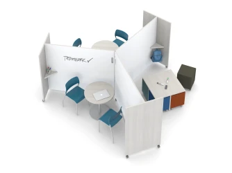 Pinwheel Application using Tri-Wheel Laminate Mobile Whiteboard/Divider with Volker, Day-to-Day Disc Base Tables and Pierce