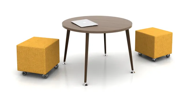 Day to Day 42” Round Table with Tapered Legs. Shown with Volker Cubes