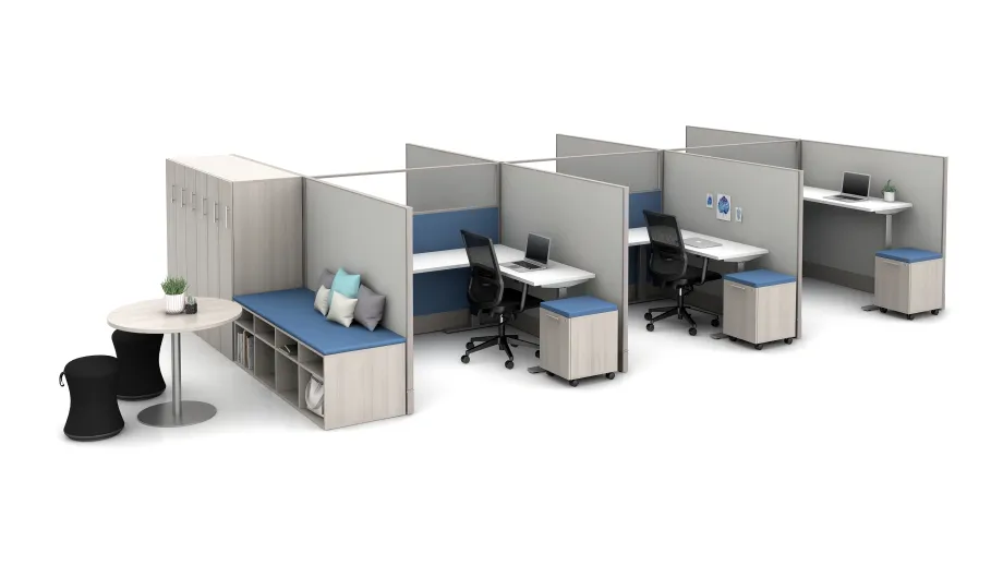 Divi 72” fabric and glass panels with 3-leg Height Adjustable Tables ...