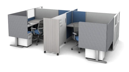 Divi Workstation with Extended PET L Wrap Partial Modesty Screens and Tri-wheel mobile whiteboard for division