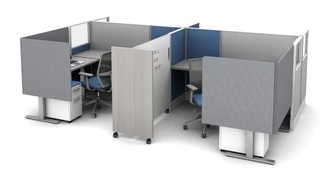 Divi Workstation with Extended PET L Wrap Partial Modesty Screens and Tri-wheel mobile whiteboard for division