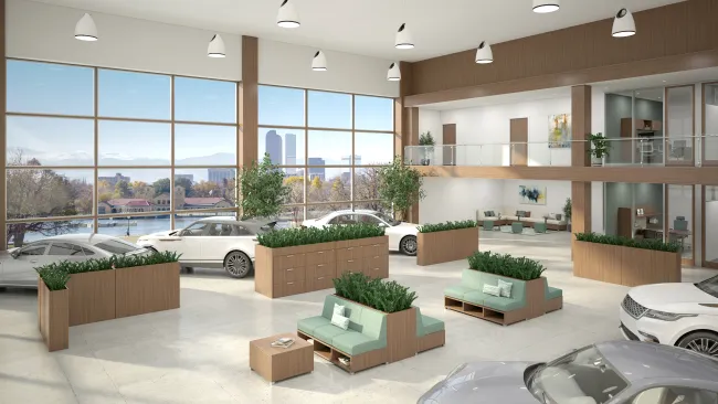 Calibrate Dry Planters as Space Dividers in Car Dealership, shown with LB Lounge