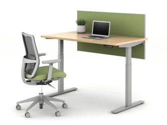 E Series Height Adjustable Table with Side Mount Screen and  Devens Task Seating 