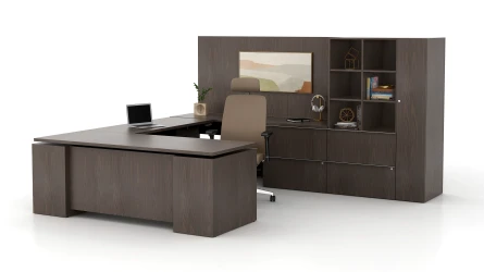 Calibrate private office with Floating Height Adjustable Desk, with Wall Panel and storage 